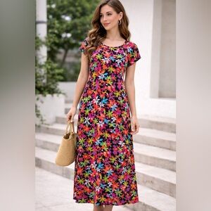 Vintage Vickie Wayne Womens Medium Midi Dress Floral Vacation Travel Cottagecore